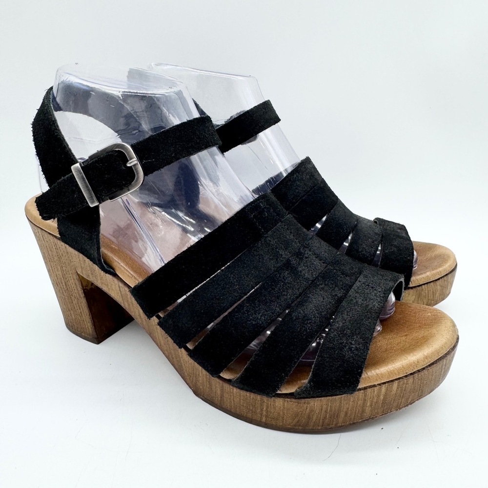 Eric Michael‎ Misson Wood Look Block Heel Sandal Black Suede Size 40 Boho Retro